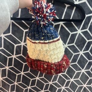Stylish Knit Pom-Pom Hat - Blue, Cream, and Red